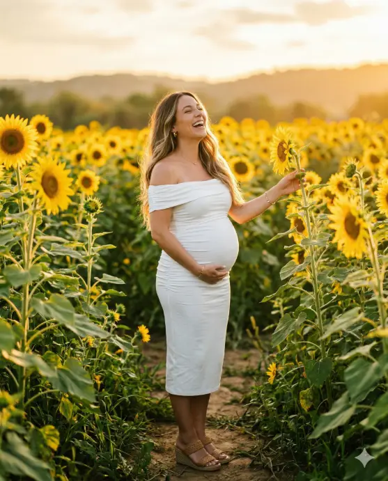 Create a photo of a pregnant woman standing in the middle of a sunflower field at golden hour, holding her bump with one hand and gently touching a sunflower with the other. She is wearing a fitted white off-shoulder midi dress with ruched detailing over her belly and tan woven wedge sandals. Her hair is loose and flowing over her shoulders with soft golden highlights catching the light. She is laughing naturally with her head tilted slightly back. The camera is at chest height, shooting from a slight angle with sunflowers framing both sides of the composition. Warm, rich golden hour light pours in from behind her, creating a glowing backlit effect and soft lens flare. The background is a dense field of tall sunflowers stretching into a warm, hazy blur with a clear golden sky above. Joyful, editorial maternity style with vibrant yellow, warm gold, and white tones. Shot with an 85mm lens, shallow depth of field. Use aspect ratio 4:5.