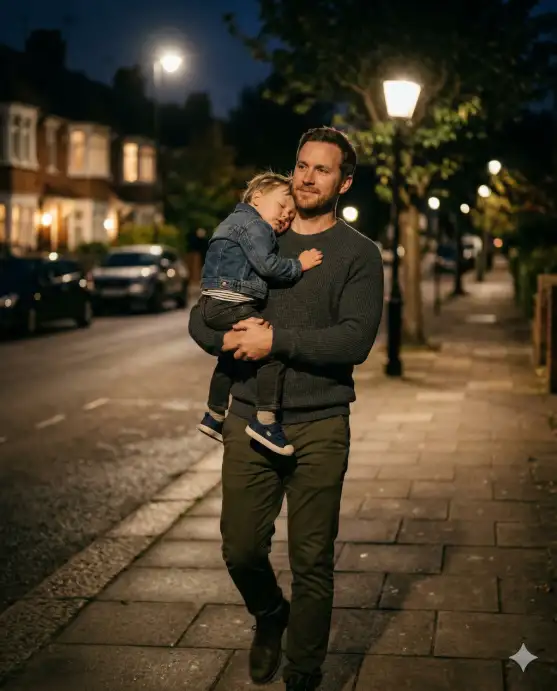 Create a tender photo of a father walking down a quiet residential street at night, carrying his young son who has fallen asleep on his shoulder. The boy's arms are draped loosely around the father's neck, and his face is turned into his dad's shoulder with his eyes closed peacefully. The father is holding him securely with both arms, looking ahead with a calm, protective expression. The father is wearing a dark grey crewneck sweater and dark chinos, and the boy is in a small denim jacket over a striped shirt and jeans with little sneakers dangling. The camera is at chest height, shooting from a three-quarter angle as they walk. Soft warm light from nearby street lamps creates gentle pools of light on the sidewalk, with blurred house lights and trees in the background. Warm, moody tones with soft shadows. Shot with a 50mm lens, shallow depth of field, cinematic emotional family portrait aesthetic. Use aspect ratio 4:5.