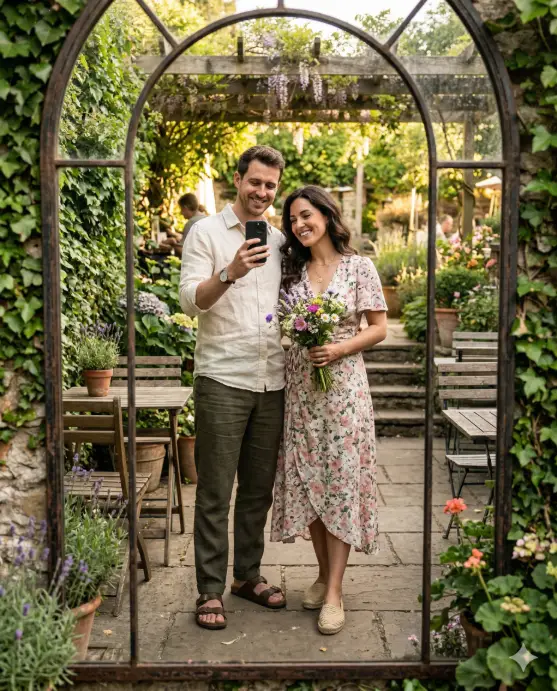 Create a realistic couple mirror selfie of a man and woman standing in front of a large vintage arched mirror placed in an outdoor cafe garden. The man is wearing a cream linen shirt with the sleeves rolled up, dark olive chinos, and brown leather sandals. The woman is wearing a floral print wrap dress in soft pink and white tones with woven espadrilles and a delicate gold necklace. He is holding the phone up while she holds a small bouquet of wildflowers she picked from the garden. Both are smiling naturally with warm, affectionate expressions. The garden setting around them includes climbing ivy on a stone wall, rustic wooden tables and chairs, potted lavender plants, and dappled sunlight filtering through a pergola overhead. Soft, natural, golden-hour lighting with an airy, romantic European garden aesthetic. Shot at full-body level through the mirror. Use aspect ratio 4:5.