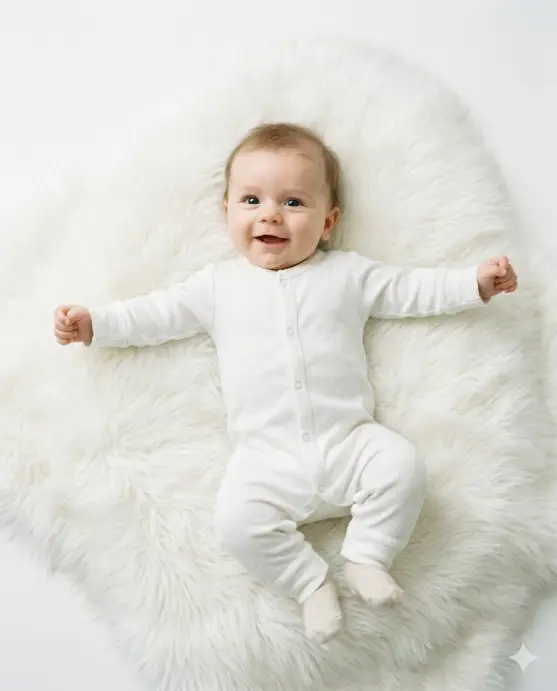 Create a photo of a 3-month-old baby lying on their back on a large fluffy white faux fur blanket, arms stretched out to the sides with tiny fists, legs kicking slightly. The baby is wearing a plain white cotton onesie with small pearl snap buttons. The baby's eyes are wide open with a curious, happy expression and a slight open-mouth smile. The camera is at a 45-degree angle from above, capturing the full body. Bright, even studio lighting with a clean white background visible beyond the blanket edges. The overall mood is fresh, light, and joyful with a soft white and cream color palette. Shot with a 50mm lens, shallow depth of field. Use aspect ratio 4:5.