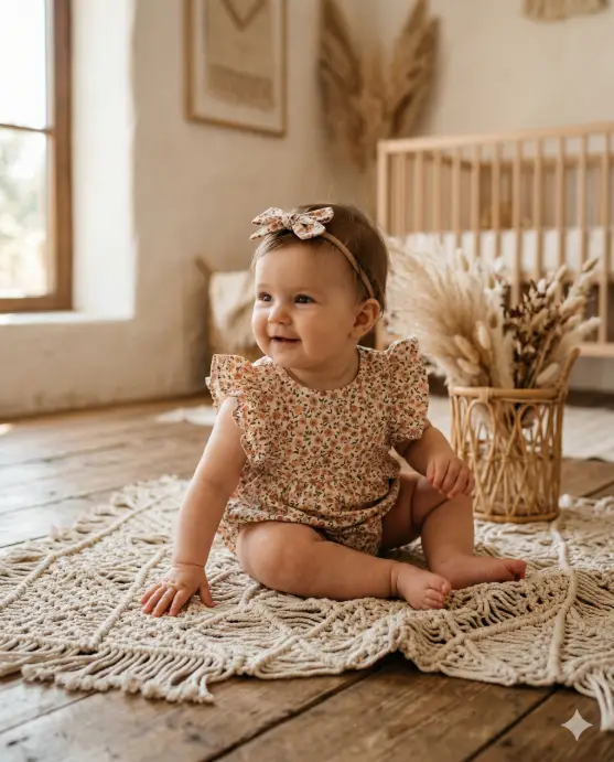 Create a photo of a 6-month-old baby girl sitting on a textured boho macrame blanket spread on the floor, leaning slightly to one side with one hand on the blanket for support. She is wearing a small floral romper with a pattern of tiny peach and terracotta flowers on a cream base, with ruffled sleeves and a matching fabric bow headband. A small rattan basket with dried pampas grass is placed behind her to the right. The background is a warm, minimal room with a white wall and soft natural textures. The camera is at the baby's eye level, slightly to the right. Warm, soft golden light from a window on the left. Earthy boho color palette with cream, peach, terracotta, and warm tan. Boho lifestyle baby photography style. Shot with an 85mm lens, shallow depth of field. Use aspect ratio 4:5.