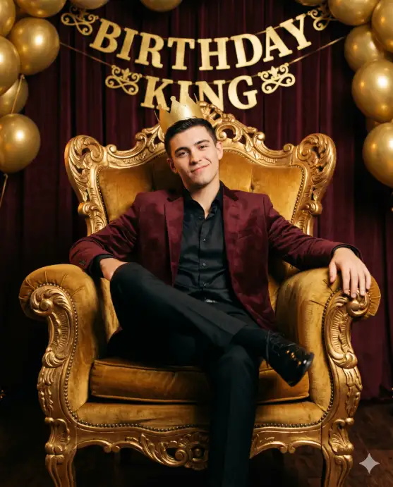 Create a photo of a young man sitting confidently in a large ornate gold velvet throne chair with carved wooden armrests. He is wearing a fitted burgundy velvet blazer over a black silk shirt buttoned to the top, black tailored trousers, and polished black dress shoes. A small gold paper crown sits playfully on his head, tilted slightly to one side. He is leaning back in the chair with one ankle resting on the opposite knee and one arm draped over the armrest. His expression is a cool, amused grin directed at the camera. The background is a deep burgundy draped curtain with gold balloons and a "Birthday King" gold letter banner above. The camera is at seated eye level, shooting straight on. Rich, warm lighting with dramatic side shadows. Royal, editorial, portrait style with a playful edge. Shot with an 85mm lens, shallow depth of field. Use aspect ratio 4:5.