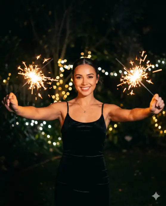 Create a photo of a young woman holding two lit sparklers, one in each hand, with her arms stretched out to her sides at shoulder height. She is wearing a black velvet slip dress with thin straps and a delicate gold necklace. Her hair is styled in a sleek low bun. She is looking straight at the camera with a soft, glowing smile. The sparklers cast a warm golden light across her face and arms. The background is a dark outdoor setting with blurred fairy lights strung in the trees behind her. The camera is at eye level, shooting straight on. Dark, moody atmosphere with warm sparkler highlights. Cinematic, editorial nighttime portrait style. Shot with a 50mm lens, wide aperture. Use aspect ratio 4:5.