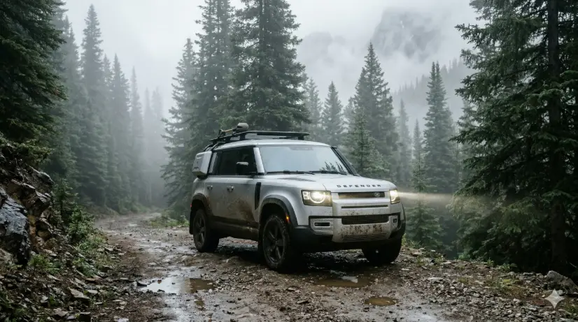 Create a photo of a silver SUV parked on a narrow dirt mountain trail surrounded by dense pine forest and thick morning mist. The car is facing the camera at a slight angle, with mud splattered on the lower body panels and wheel arches. The headlights are on, cutting two beams of light through the fog. The background shows towering pine trees disappearing into a soft white mist, with glimpses of a rocky mountainside behind them. The trail is wet and uneven with loose gravel and small puddles. The camera is at hood height, shooting straight on. Muted, earthy color grading with cool greens and soft grays. Atmospheric, adventurous, outdoor editorial style. Shot with a 24mm wide-angle lens. Use aspect ratio 16:9.