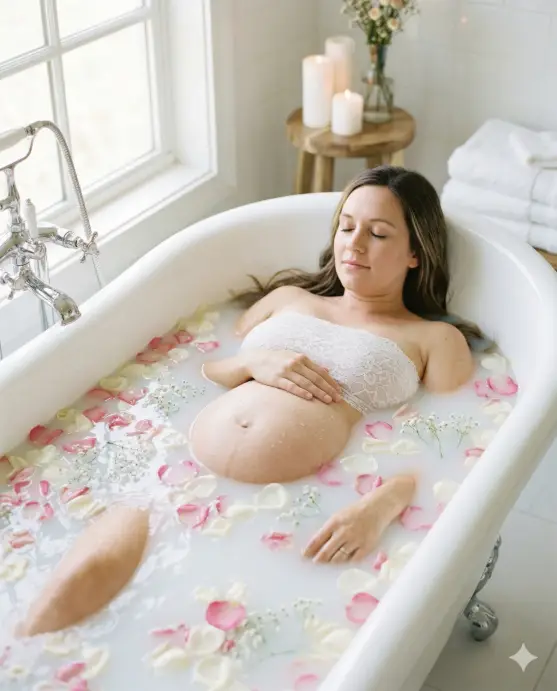 Create a photo of a pregnant woman reclining in a white freestanding bathtub filled with milky white water, scattered with fresh pink and white rose petals and sprigs of baby's breath. She is visible from the shoulders up and her bump breaks the surface of the water gently. She is wearing a delicate white lace bandeau top. One hand rests on her belly above the water and the other trails in the milk bath. Her hair fans out gently in the water. Her eyes are closed with a soft, relaxed expression. The camera is positioned slightly above, looking down at roughly a 45-degree angle. Soft, diffused natural light from a large window to the left. The background is a clean white bathroom with soft towels and a small wooden stool with candles. Dreamy, fine-art maternity style with soft white, blush pink, and cream tones. Shot with a 35mm lens, medium depth of field. Use aspect ratio 4:5.