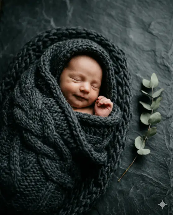 Create a photo of a newborn baby nestled inside a chunky hand-knitted cocoon in deep charcoal gray, placed on a dark slate textured surface. Only the baby's face and one tiny hand are visible peeking out from the cocoon. The baby is sleeping with a peaceful expression. A single dried eucalyptus sprig is placed beside the cocoon. The camera is positioned slightly above at a 30-degree angle, focused on the baby's face. Low-key studio lighting with a single soft light source from the upper left, creating dramatic but gentle shadows. Dark, moody color palette with charcoal, slate, and deep forest green accents. Fine art newborn photography style. Shot with a 100mm macro lens, shallow depth of field. Use aspect ratio 4:5.