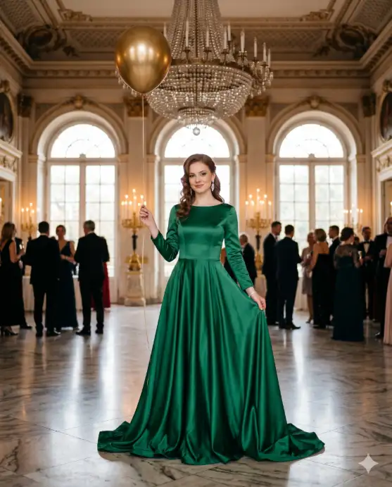 Create a photo of a young woman standing at the center of an elegant ballroom with marble floors and tall arched windows. She is wearing a long emerald green satin gown with a fitted bodice and a flowing skirt that pools slightly on the floor around her feet, paired with silver drop earrings and a thin silver bracelet. She is standing with perfect posture, one hand lightly lifting the edge of her skirt and the other holding a single gold balloon string. Behind her, a grand crystal chandelier hangs from the ceiling and tall white candles in gold holders line the windowsills. The camera is at waist height, shooting slightly upward to emphasize the grandeur of the room. Soft, warm, natural light streaming through the windows mixed with the glow of the candles. Regal, cinematic, high-fashion editorial style. Shot with a 50mm lens, medium depth of field. Use aspect ratio 4:5.