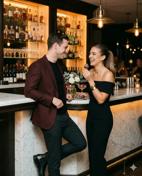 Create a photo of an engaged couple standing together at a polished marble bar counter at their engagement party venue, sharing a small plate of chocolate-covered strawberries between them. The man is leaning one elbow on the bar counter, turned toward her with a relaxed grin, wearing a fitted burgundy blazer over a black crew neck shirt with dark trousers and black leather chelsea boots. The woman is standing close beside him, holding a strawberry up near her lips and laughing, wearing a fitted black off-shoulder jumpsuit with a wide gold cuff bracelet, small diamond studs, and her hair in a sleek high ponytail. The bar behind them has glass shelves with soft backlighting, neatly arranged bottles, and a few cocktail glasses. A small vase of white flowers and two coupe glasses with a light pink cocktail sit on the counter beside them. The warm ambient lighting from the bar's backlight and a few overhead pendant lamps creates a soft, intimate glow. The camera is at chest height from a three-quarter angle, capturing both their expressions and the bar setting in a medium shot. Warm, moody, intimate tones with rich amber and golden highlights. Shot with an 85mm lens, shallow depth of field, candid editorial style. Use aspect ratio 4:5.