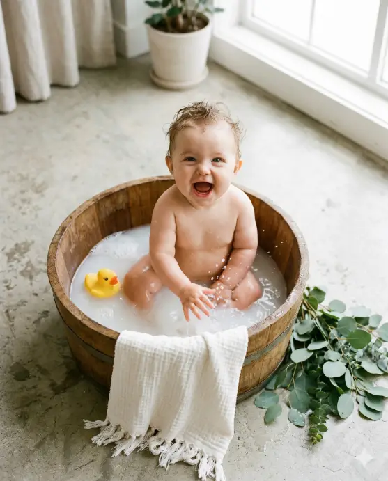 Create a photo of a 5-month-old baby sitting inside a small round wooden washtub filled with a shallow layer of milky water and a few white foam bubbles on the surface. The baby is bare with a small yellow rubber duck floating beside them. The baby is splashing one hand in the water and looking up at the camera with an excited, open-mouth laugh. A soft white towel is draped over the edge of the tub. The tub is placed on a light gray concrete floor with a few green eucalyptus branches laid beside it. The camera is slightly above at a 30-degree angle. Bright, soft natural light from a large window to the right. Fresh, clean, playful mood with a natural color palette of whites, light wood, and pops of yellow. Lifestyle baby photography style. Shot with a 50mm lens, medium depth of field. Use aspect ratio 4:5.