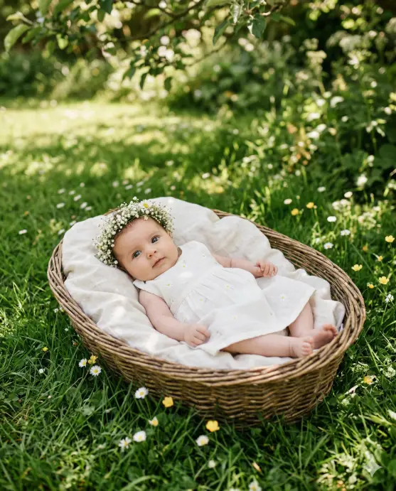 Create a photo of a 2-month-old baby lying in an oval wicker basket placed on lush green grass in a garden setting. The basket is lined with a soft ivory linen cloth. The baby is wearing a simple white cotton dress with tiny embroidered daisies and a small floral crown made of baby's breath and tiny white wildflowers on the head. The baby is awake, looking up with bright eyes and a calm expression. Small wildflowers in white and pale yellow are scattered on the grass around the basket. The camera is at a 45-degree angle from above. Soft, dappled natural sunlight filtering through overhead tree leaves creating gentle light patterns. Fresh, natural color palette with greens, whites, and soft yellows. Outdoor lifestyle newborn photography style. Shot with a 50mm lens, shallow depth of field. Use aspect ratio 4:5.