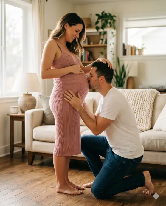 Create a photo of a man kneeling on one knee in front of his pregnant partner, gently kissing her baby bump while she looks down at him with a warm smile, one hand resting on the back of his head and the other on top of her belly. The woman is wearing a fitted dusty pink ribbed midi dress with thin straps. The man is wearing a plain white t-shirt and dark jeans. The camera is at a low angle, shooting from slightly below hip height. Soft, warm indoor light from a nearby window creates gentle highlights on their skin. The background is a cozy living room with a cream-colored sofa, a knitted throw blanket, and warm wooden floors. Intimate, lifestyle maternity style with soft pink and neutral tones. Shot with an 85mm lens, shallow depth of field. Use aspect ratio 4:5.