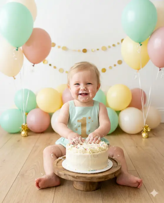 Create a photo of a 1-year-old baby sitting on the floor behind a small round white frosted cake on a low wooden cake stand. The baby is wearing a soft pastel mint green romper with a small gold number one printed on the front. The baby has both hands on the cake, fingers digging into the frosting, with a messy, delighted expression and frosting smeared on the cheeks and chin. Behind the baby, a cluster of pastel balloons in mint green, blush pink, soft yellow, and white are arranged on the floor and floating at different heights. The background is a clean white wall with a simple gold confetti garland strung across it. The camera is at the baby's eye level, shooting straight on. Bright, even studio lighting with soft shadows. Cheerful, celebratory mood with a soft pastel color palette. Shot with a 50mm lens, medium depth of field. Use aspect ratio 4:5.