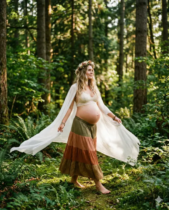 Create a photo of a pregnant woman standing in a sun-dappled forest clearing, holding a long sheer white fabric wrap that floats around her body in the breeze. She is wearing a cream-colored lace bralette and a long flowing earth-toned skirt that sits below her bump. Her feet are bare on soft green moss. Her hair is long and loose with a simple dried flower crown resting on her head. She is looking slightly to the side with a serene, contemplative expression. The camera is at waist height, slightly below. Dappled sunlight filters through the tree canopy above, creating patches of warm light on her skin and the fabric. The background is tall trees with green ferns and soft, out-of-focus woodland. Bohemian, organic maternity style with warm earth and green tones. Shot with a 50mm lens, shallow depth of field. Use aspect ratio 4:5.