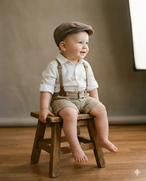 Create a photo of a 9-month-old baby boy sitting on a small wooden stool in a studio setting. He is wearing tiny khaki linen shorts with brown leather suspenders over a white button-down shirt with rolled-up sleeves, and a small brown newsboy flat cap on his head. His bare feet are dangling off the stool. He is looking off to the right with a curious expression and one hand gripping the edge of the stool. The camera is at the baby's eye level, slightly to the left. Warm, soft studio lighting from a large softbox on the right side. The background is a smooth warm gray seamless backdrop. Classic, timeless portrait style with warm neutral tones. Shot with a 50mm lens, medium depth of field. Use aspect ratio 4:5.