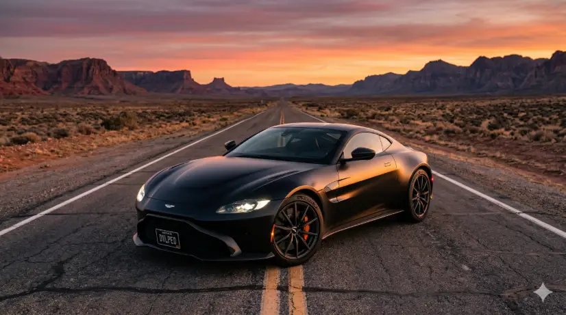 Create a photo of a sleek matte black sports car parked on the center line of an empty two-lane desert highway at golden hour. The car is positioned at a three-quarter front angle, slightly turned toward the camera. The hood and roofline catch warm amber reflections from the setting sun. The background is a vast, flat desert landscape stretching to the horizon with distant red rock formations and a sky filled with deep orange, pink, and purple gradients. The road fades into a vanishing point behind the car. The camera is positioned low at bumper height, shooting slightly upward to make the car look dominant and powerful. Warm cinematic color grading with rich shadows and golden highlights. Shot with a 35mm lens, wide depth of field. Use aspect ratio 16:9.