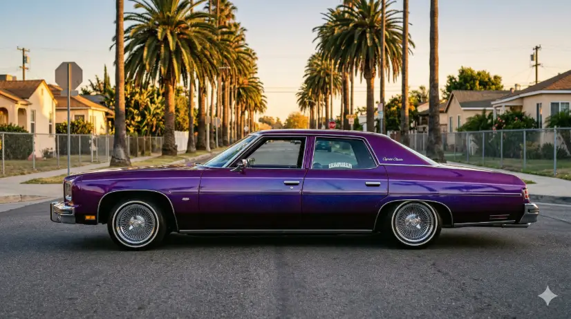 Create a photo of a deep metallic purple lowrider sedan with chrome wire wheels and a hydraulic suspension sitting low on an empty Los Angeles residential street at golden hour. The car is positioned at a straight side profile. The chrome details and wire wheels reflect warm golden sunlight. The paint has a deep candy flake finish that shifts between purple and blue in the light. The background shows a row of palm trees lining the street, a clear gradient sky going from warm gold near the horizon to soft blue above, and the tops of single-story stucco houses visible behind low chain-link fences. The camera is at knee height, shooting at a straight side angle. Warm, saturated, West Coast color grading with deep shadows and golden highlights. Shot with a 50mm lens, medium depth of field. Use aspect ratio 16:9.