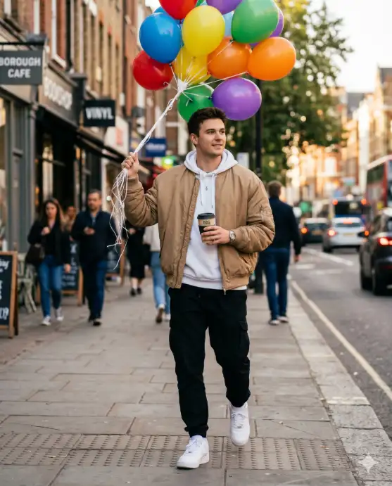 Create a photo of a young man walking down a city sidewalk, captured mid-stride with one hand holding a bunch of colorful balloons by their strings and the other holding a coffee cup. He is wearing a tan oversized bomber jacket over a white hoodie, black joggers, and clean white sneakers with a silver watch on his wrist. His expression is natural and relaxed, looking slightly off-camera with a content half-smile. The camera is across the street at eye level, shooting with a telephoto compression effect. The background shows blurred storefronts, passing pedestrians, and warm afternoon city light. Urban, candid, street-style lifestyle photography. Shot with an 85mm lens, shallow depth of field. Use aspect ratio 4:5.