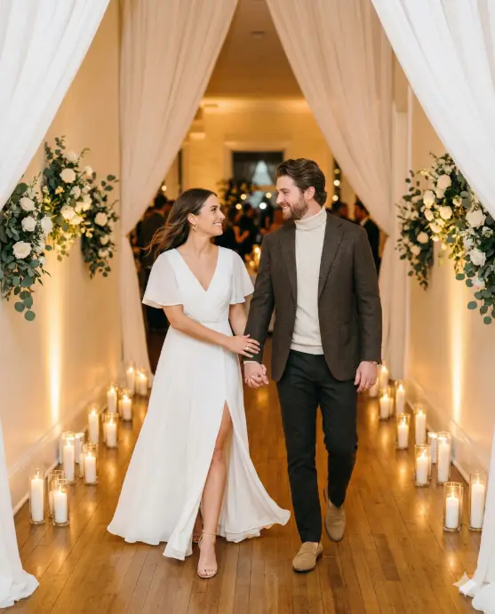 Create a photo of a newly engaged couple walking hand in hand through a long decorated hallway at their engagement party venue, both looking at each other with soft smiles. The man is wearing a fitted dark brown tweed blazer over a cream turtleneck with dark trousers and tan suede loafers. The woman is wearing a long white chiffon dress with a high slit and flutter sleeves, simple gold hoop earrings, and nude block heels, her hair loose and flowing as she walks. The hallway is lined on both sides with tall glass pillar candles on the floor, white sheer drapes hanging from the ceiling, and clusters of white roses and greenery attached to the walls at intervals. Warm golden light fills the hallway from hidden uplighting along the base of the walls. The camera is positioned at the far end of the hallway at a low angle, capturing them walking toward the lens with the decorated corridor stretching behind them. Warm, romantic tones with soft lens flare. Shot with a 35mm lens, medium depth of field, editorial event photography style. Use aspect ratio 4:5.