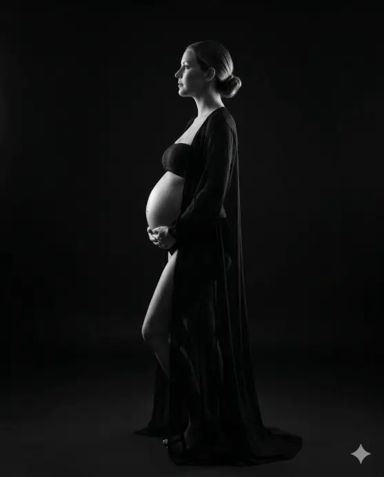 Create a black and white studio maternity portrait of a woman standing in profile, facing left, with her hands clasped gently beneath her baby bump. She is wearing a sheer black floor-length robe that falls open in the front, revealing her bare bump, with a simple black bandeau and high-waisted black briefs underneath. Her hair is pulled back in a sleek bun. Her expression is calm and strong, with her chin slightly lifted. The camera is at belly height, shooting from the side in a clean profile composition. A single studio light from behind and above creates dramatic rim lighting that outlines her silhouette and bump, with the rest of her body falling into deep shadow. The background is completely black. High-contrast, fine-art black and white maternity style with deep blacks and bright highlights. Shot with a 70mm lens, medium depth of field. Use aspect ratio 4:5.