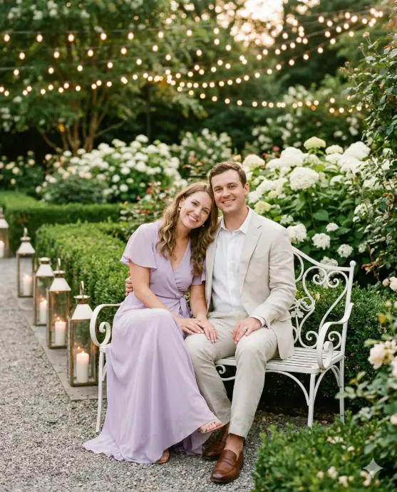 Create a photo of an engaged couple sitting closely together on a white wrought-iron garden bench at their engagement party venue, surrounded by a softly lit garden setting. The man is wearing a light beige linen suit with a white shirt and brown leather loafers, sitting with one ankle resting on the opposite knee and his arm along the back of the bench behind her. The woman is wearing a soft lavender maxi dress with a wrap front and flutter sleeves, simple pearl stud earrings, and her hair in loose natural waves. She is leaning into him with her head resting on his shoulder and her hand on his knee, both looking relaxed with gentle smiles. The garden around them has neatly trimmed hedges, white hydrangea bushes in bloom, and a row of tall glass lanterns with flickering candles along the gravel path beside the bench. Warm string lights are hung between trees overhead, creating a soft canopy of light. The camera is at eye level from a front angle, capturing the full bench and the couple in a medium shot. Soft, warm, romantic tones with gentle golden light and pastel garden colors. Shot with an 85mm lens, shallow depth of field, romantic editorial style. Use aspect ratio 4:5.