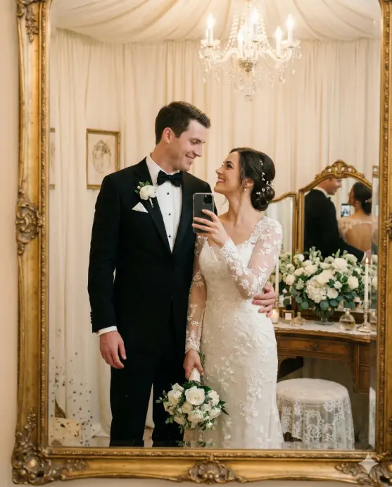 Create a realistic couple mirror selfie of a groom and bride standing together in front of an ornate vintage mirror in a bridal dressing room. The groom is wearing a classic black tuxedo with a white dress shirt, black bow tie, and a small white boutonniere pinned to his lapel. The bride is wearing an elegant ivory lace wedding gown with long sleeves and a sweetheart neckline, her hair styled in a low chignon with delicate pearl pins. She is holding the phone up with one hand while his arm is around her waist, and they are looking at each other's reflection with emotional, loving smiles. The room has soft draped fabric on the walls, a crystal chandelier overhead casting warm sparkles, and fresh white flowers on a vanity table. Dreamy, soft, romantic lighting with warm golden tones. Shot at three-quarter length through the mirror. Use aspect ratio 4:5.