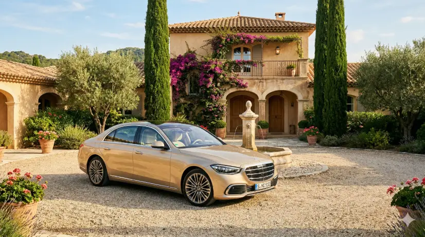 Create a photo of a champagne gold luxury sedan parked on a circular gravel driveway in front of a Mediterranean villa. The car is positioned at a wide front three-quarter angle. The soft metallic paint shimmers in the warm afternoon sun. The villa behind features warm sandstone walls, terracotta roof tiles, arched doorways, and climbing bougainvillea in bright magenta. Tall cypress trees stand on either side of the entrance. The gravel driveway has a small ornamental fountain in the center island behind the car. The camera is at hood height, positioned at a distance to capture both the car and the villa entrance. Warm, golden, sun-drenched color grading with rich earth tones. Luxury lifestyle editorial photography. Shot with a 35mm lens, wide depth of field. Use aspect ratio 16:9.