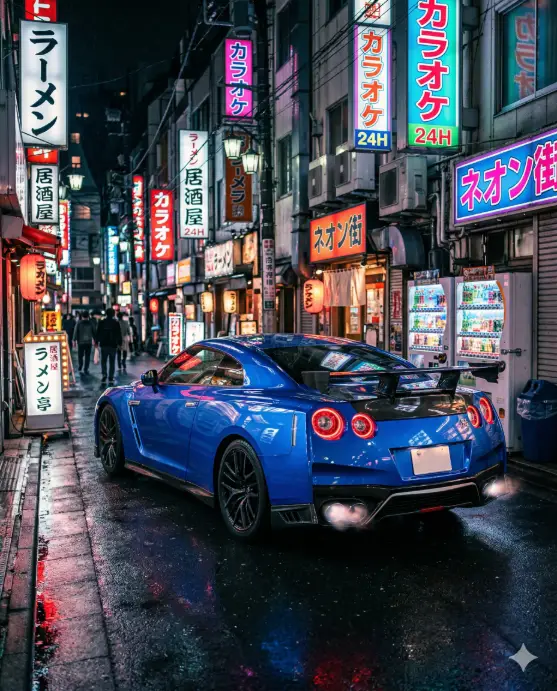 Create a photo of an electric blue sports car with sleek aerodynamic lines parked on a narrow neon-lit Tokyo side street at night. The car is positioned at a rear three-quarter angle. The glossy paint reflects pink, red, and green neon light from signs and storefronts on both sides of the street. The background is packed with vertical Japanese signage, vending machines with glowing displays, and narrow building facades stacked several stories high. The wet pavement reflects all the neon colors creating a mirror effect on the ground. The camera is positioned behind and to the right of the car at waist height. Vibrant, high-contrast color grading with saturated neons against deep blacks. Cyberpunk-inspired urban automotive photography. Shot with a 35mm lens, medium depth of field. Use aspect ratio 4:5.