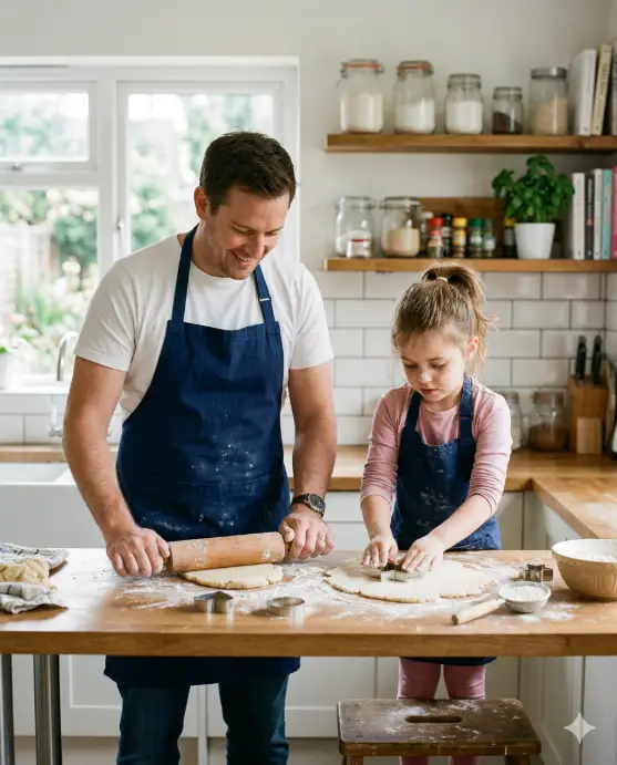 Create a photo of a father and his young daughter (around 8 years old) standing side by side at a kitchen counter, working together to knead dough. The father is rolling out dough with a wooden rolling pin while the daughter stands on a small wooden step stool beside him, pressing cookie cutters into a flat sheet of dough with focused concentration. There is a light dusting of flour on the counter, on her hands, and a small smudge on her cheek. The father is wearing a navy apron over a plain white t-shirt and jeans. The daughter is wearing a small matching apron over a pink long-sleeve shirt with her hair pulled back in a messy ponytail. The kitchen has white subway tile backsplash, warm wooden shelves with jars and plants, and soft natural light coming through a window above the sink. The camera is at counter height, capturing both of them from a three-quarter angle. Warm, homey tones with natural soft lighting. Shot with a 35mm lens, lifestyle photography style. Use aspect ratio 4:5.