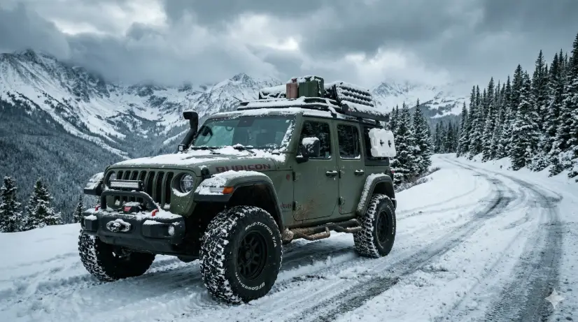 Create a photo of a matte military green jeep with a roof rack and oversized off-road tires parked on a snowy mountain pass road. The car is positioned at a front angle, slightly turned to the left. Fresh snow covers the hood, roof rack, and side mirrors. The road is packed snow with visible tire tracks leading up to the vehicle. The background shows steep snow-covered mountain peaks under a heavy overcast sky with low-hanging clouds touching the ridgeline. Pine trees with snow-laden branches line the road on one side. The camera is at hood height, shooting from the front. Cold, desaturated color grading with icy blues, whites, and muted greens. Rugged, expedition-style outdoor photography. Shot with a 24mm wide-angle lens. Use aspect ratio 16:9.