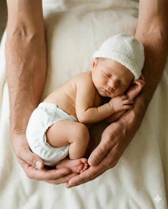 Create a close-up photo of a newborn baby cradled in a parent's hands, with the baby resting on their back in the parent's open palms. The baby is wearing only a simple white cloth diaper cover and a tiny white knitted hat. The baby's eyes are closed and the expression is calm and content. Only the parent's hands and forearms are visible, holding the baby securely at chest height against a soft blurred cream background. The camera is at the same level as the hands, shooting straight on. Warm, soft diffused studio light from above. Intimate, emotional mood with warm skin tones and a soft cream and white color palette. Shot with an 85mm portrait lens, shallow depth of field. Use aspect ratio 4:5.