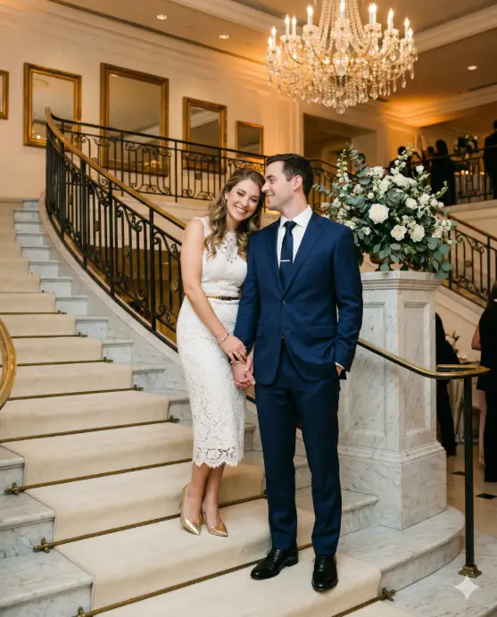 Create a photo of an engaged couple posing together on a wide marble staircase inside their engagement party venue. The man is standing one step below her, wearing a classic navy suit with a white shirt, a subtle silver tie bar, and polished black shoes, one hand in his pocket and the other holding her hand. The woman is standing one step above him so they are nearly the same height, wearing a fitted white lace midi dress with a thin gold belt and matching gold pointed heels, a delicate chain bracelet, and her hair in soft waves over one shoulder. She is leaning slightly toward him with a relaxed smile, and he is looking up at her with a warm gaze. The staircase has an elegant wrought-iron railing with a cream carpet runner, and the wall beside them features framed mirrors and a large floral arrangement of white roses and greenery on a marble pedestal at the landing. Warm ambient light comes from a crystal chandelier above them. The camera is at the base of the staircase, angled slightly upward to capture the couple with the full staircase and chandelier visible. Warm, elegant tones with rich golden light and soft shadows. Shot with a 35mm lens, medium depth of field, editorial portrait style. Use aspect ratio 4:5.