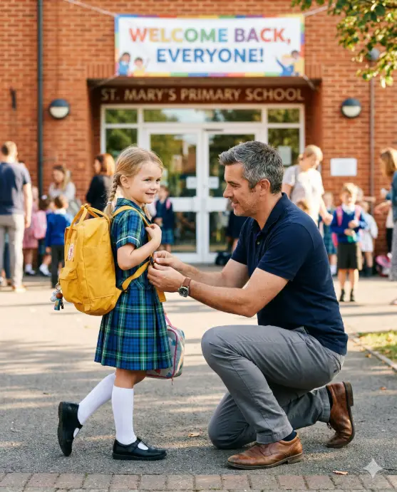Create a photo of a father kneeling down on one knee at a school entrance, adjusting the straps of his young daughter's (around 6 years old) backpack while she looks over her shoulder at him with a brave, slightly nervous smile. The father has a warm, encouraging expression with a hint of emotion in his eyes. He is wearing a navy polo shirt, gray chinos, and brown leather shoes. The daughter is wearing a blue plaid school dress with white knee-high socks, black Mary Jane shoes, and a bright yellow backpack. The school entrance behind them has a red brick wall, glass double doors, and a colorful "Welcome Back" banner. Other children and parents are visible as soft, blurred shapes in the background. The camera is at the daughter's height, capturing both of them from a slight angle. Bright, warm morning light with soft shadows. Shot with an 85mm lens, shallow depth of field. Use aspect ratio 4:5.