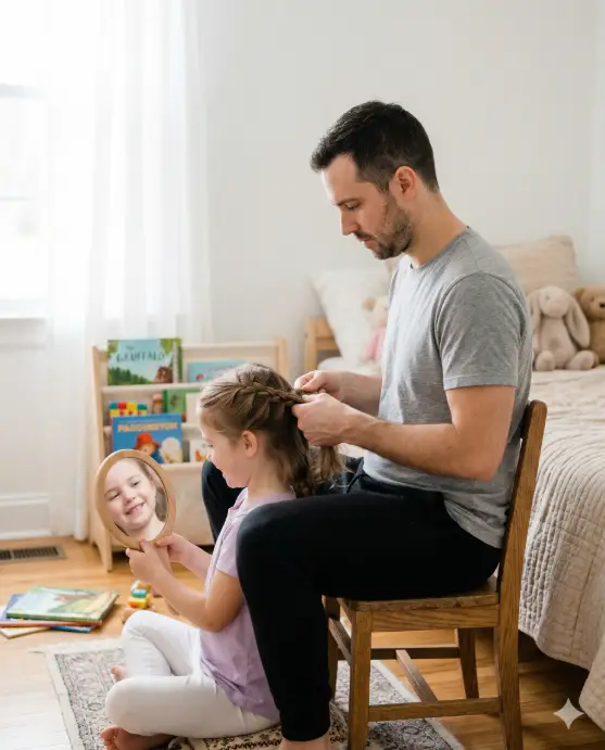 Create a photo of a father sitting on a wooden chair in a bright, airy bedroom, carefully braiding his young daughter's (around 6 years old) hair. The daughter is sitting on the floor between his knees, holding a small mirror in her lap and looking at it with a happy, amused expression. The father is concentrating with a gentle, focused look on his face, his hands mid-braid. He is wearing a heather gray t-shirt and black joggers. The daughter is wearing a soft lavender top and white leggings. The bedroom has white walls, a window with sheer curtains letting in soft morning light, a small bookshelf with children's books, and a few stuffed animals on the bed in the background. The camera is at the father's shoulder height, capturing a side angle that shows both faces. Soft, diffused natural lighting with gentle pastel tones. Shot with an 85mm lens, shallow depth of field. Use aspect ratio 4:5.