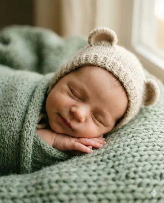 Create a close-up portrait photo of a newborn baby sleeping peacefully on a soft sage green knitted blanket. The baby is wearing a hand-knitted bear ear bonnet in oatmeal color with small round ears on top. The baby's hands are tucked under the chin with fingers curled. The camera is positioned at a low angle, almost level with the baby, focused tightly on the face and bonnet with the body softly blurred. Warm, diffused window light coming from the right side creates gentle shadows on the left. The mood is serene and tender with muted sage green and warm beige tones. Intimate newborn portrait style. Shot with a 100mm macro lens, very shallow depth of field. Use aspect ratio 4:5.