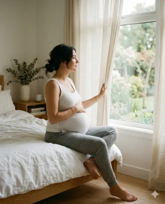 Create a photo of a pregnant woman sitting on the edge of a bed near a large window, looking out with a calm, peaceful expression. She is wearing a simple white ribbed cotton tank top and soft gray maternity joggers, with bare feet tucked beneath her. One hand rests on her bump and the other holds the sheer curtain slightly aside. Her hair is in a messy low bun. The camera is at eye level, positioned slightly to the side for a three-quarter view. Soft, diffused natural light pours in through the window, illuminating her face and belly while the rest of the room falls into gentle shadow. The background is a minimalist bedroom with white linen sheets, a wooden nightstand, and a small vase of dried eucalyptus. Intimate, lifestyle maternity style with neutral cream and white tones. Shot with a 50mm lens, shallow depth of field. Use aspect ratio 4:5.