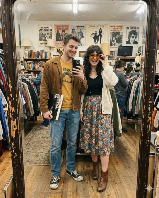 Create a realistic couple mirror selfie of a young man and woman standing in front of a large vintage floor mirror with a chipped wooden frame inside a cluttered thrift store. The man is wearing a retro brown corduroy jacket over a mustard yellow graphic tee, straight-fit faded jeans, and worn-in Converse sneakers. The woman is wearing a vintage floral midi skirt in muted tones with a tucked-in black ribbed tank top, a chunky knit cardigan draped over one arm, and leather ankle boots. He is holding the phone at chest level with one hand while the other hand holds a vinyl record he just found. She is holding up a pair of oversized vintage sunglasses to her face with a playful grin. The store background shows crowded racks of secondhand clothing, stacked old books, retro lamps, and faded concert posters on the wall. Warm, slightly desaturated tones with soft overhead lighting and a nostalgic, film-photography feel. Shot at full-body level through the mirror. Use aspect ratio 4:5.