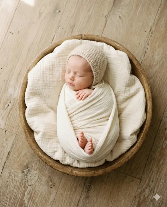 Create a photo of a newborn baby peacefully sleeping inside a shallow round wooden bowl lined with a soft cream muslin wrap. The baby is gently swaddled with only the face, tiny hands, and toes peeking out. A small knitted bonnet in light beige sits on the baby's head. The bowl is placed on a rustic light oak wooden floor. The camera is positioned directly above in a flat lay perspective looking straight down. Soft, diffused studio lighting with no harsh shadows creates a warm, dreamy glow. The color palette is muted neutrals with warm ivory and light wood tones. Clean, minimal newborn photography style. Shot with an 85mm lens. Use aspect ratio 4:5.