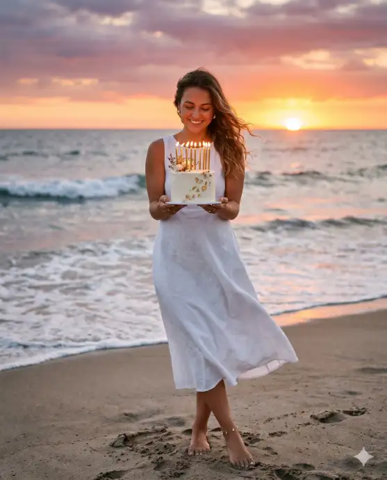 Create a photo of a young woman standing barefoot on a sandy beach at sunset, holding a small white birthday cake with gold candles in both hands at chest height. She is wearing a flowy white linen dress that moves gently in the ocean breeze, with a thin gold anklet and her hair blowing softly to one side. She is looking down at the candles with a warm, tender smile. The camera is at waist height, shooting slightly upward. Behind her, gentle waves roll onto the shore and the sky is painted in deep orange, pink, and purple sunset colors. Warm, golden hour light hitting her face and the cake. Soft, romantic, lifestyle beach portrait style. Shot with a 50mm lens, shallow depth of field. Use aspect ratio 4:5.