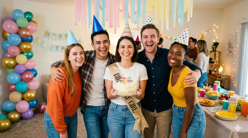 Create a photo of a group of five friends standing close together with their arms around each other, all wearing colorful cone party hats. The person in the center is wearing a white t-shirt with a gold birthday sash across the chest and holding a small cake, while the others are dressed in casual colorful outfits. They are all laughing and looking at the camera. The background is a decorated room with pastel streamers hanging from the ceiling, a table with snacks and drinks visible to the side, and a large cluster of multicolored balloons in the corner. The camera is at chest height, shooting straight on to capture the full group. Bright, even indoor lighting with a warm, festive atmosphere. Fun, candid, group lifestyle photo style. Shot with a 28mm lens to fit everyone in the frame. Use aspect ratio 16:9.
