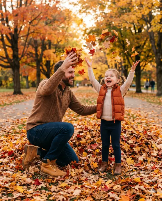 Create a photo of a father and his young daughter (around 5 years old) playing in a big pile of autumn leaves in a park. The father is kneeling and tossing a handful of red and golden leaves into the air while the daughter stands next to him with her arms up, mouth wide open in laughter, trying to catch the falling leaves. The father is wearing a warm brown cable-knit sweater, dark jeans, and tan boots. The daughter is wearing a rust-orange puffer vest over a cream turtleneck, dark leggings, and small brown boots. The ground is covered in a thick layer of yellow, orange, and red leaves. The background shows a path lined with tall maple trees in full autumn color, with soft sunlight filtering through the canopy. The camera is at the child's eye level, capturing both of them from a slight angle. Rich, warm autumn tones with golden light. Shot with a 50mm lens, cinematic depth. Use aspect ratio 4:5.