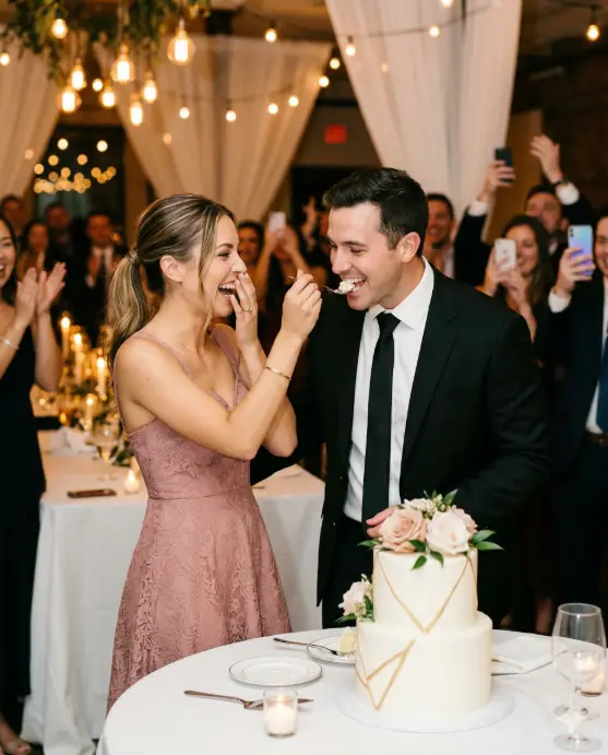 Create a photo of an engaged couple at their engagement party, the woman playfully feeding a small piece of white cake to the man from a dessert fork while he leans in with a wide grin. She is laughing with her other hand near her mouth. The man is wearing a classic black suit with a white dress shirt and a black silk tie. The woman is wearing a dusty rose A-line cocktail dress with a sweetheart neckline and subtle lace overlay, a thin gold bracelet, and her hair in a sleek ponytail with face-framing pieces. Beside them on a round table draped in white linen sits a two-tier engagement cake with smooth white frosting, gold geometric accents, and a small fresh flower topper of blush roses. Behind them, the venue is softly lit with warm Edison bulbs, white drapes, and blurred guests clapping and taking photos on their phones. The camera is at waist height from a three-quarter angle, capturing their expressions and the cake in a medium shot. Warm, joyful tones with golden ambient light. Shot with a 50mm lens, shallow depth of field, candid event photography style. Use aspect ratio 4:5.