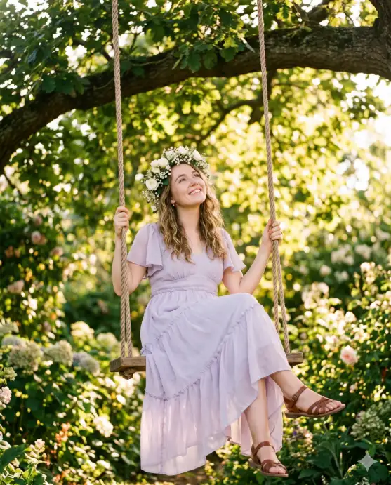 Create a photo of a young woman wearing a fresh flower crown made of white roses, baby's breath, and small green leaves. She is sitting on a wooden swing hanging from a large tree branch in a sunlit garden. She is wearing a light lavender chiffon dress with short flutter sleeves and brown leather sandals. She is holding the swing ropes with both hands and leaning back slightly, looking up at the sky with a peaceful, joyful expression. The camera is positioned slightly below, shooting upward to capture the tree canopy and soft sunlight filtering through the leaves. Dreamy, soft, natural light with a warm glow. Whimsical, editorial garden portrait style. Shot with an 85mm lens, shallow depth of field. Use aspect ratio 4:5.