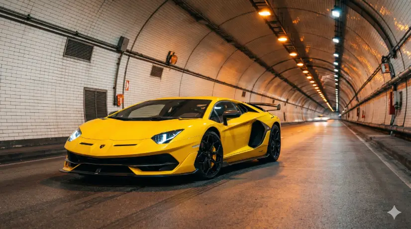 Create a photo of a bright yellow supercar parked inside a long, lit underground tunnel, positioned at a low front three-quarter angle. The car's sharp aerodynamic lines and large rear wing are clearly visible. Orange sodium lights mounted on the tunnel ceiling create long streaks of warm light reflecting on the car's glossy paint and on the smooth asphalt below. The tunnel walls are tiled in white with visible ventilation grates and safety markers. The tunnel stretches far behind the car, curving slightly to the right and disappearing into a vanishing point of light. The camera is at ground level, almost touching the road surface. Warm amber and yellow tones dominate with deep shadows. Shot with a 24mm lens, wide depth of field, cinematic automotive photography. Use aspect ratio 16:9.