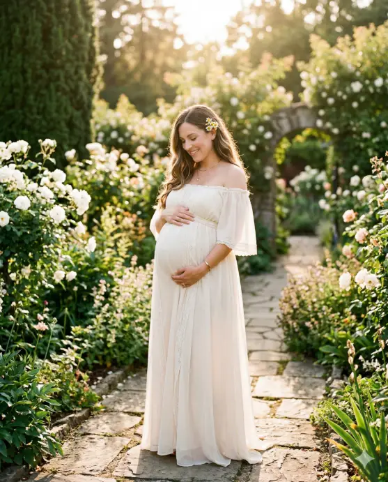 Create a photo of a pregnant woman in her third trimester standing in a lush garden at golden hour, cradling her belly with both hands and looking down with a gentle smile. She is wearing a long, flowing ivory chiffon gown with off-shoulder sleeves and a soft empire waist that drapes over her bump. Her hair is down in loose, natural waves with small wildflowers tucked behind one ear. The camera is positioned at waist height, angled slightly upward. Warm golden sunlight filters through the trees behind her, creating a soft backlit glow and lens flare. The background is a blurred garden with tall green hedges, blooming white roses, and a stone pathway. Soft, dreamy, editorial maternity style with warm amber and green tones. Shot with an 85mm portrait lens, shallow depth of field. Use aspect ratio 4:5.