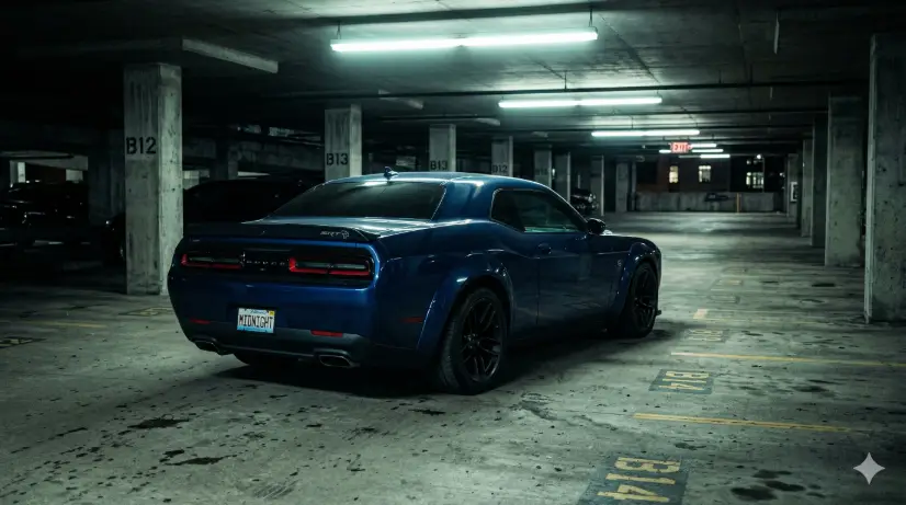 Create a photo of a midnight blue American muscle car parked in a dimly lit concrete parking garage, positioned at a rear three-quarter angle. The car's wide stance and aggressive rear fender flares are prominent. Overhead fluorescent tubes cast harsh white-green light across the hood and roof, creating strong shadows underneath the car. The concrete floor has oil stains and painted lane markings. The background shows rows of concrete pillars fading into darkness with a few distant exit signs glowing red. The camera is at knee height, shooting upward at a slight angle. Gritty, desaturated color grading with cool tones and high contrast. Shot with a 35mm lens, sharp focus throughout. Use aspect ratio 16:9.
