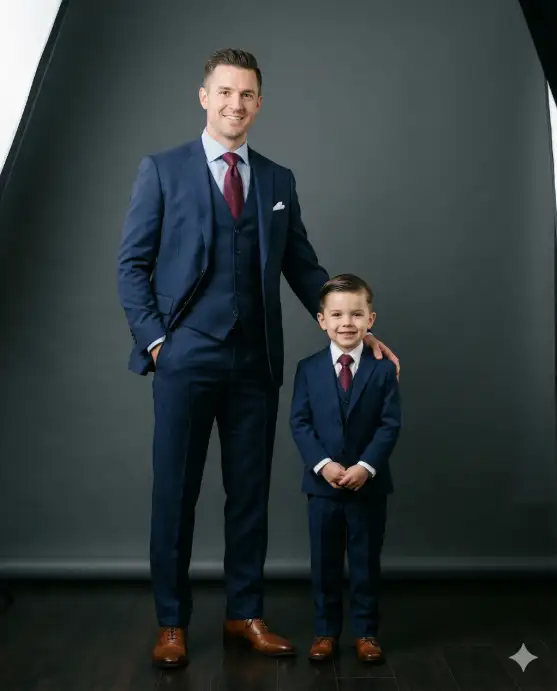 Create a formal studio-style portrait of a father and his young son standing next to each other against a solid charcoal grey background. The father is wearing a fitted navy blue three-piece suit with a light blue dress shirt, a burgundy silk tie, and polished brown oxford shoes, with one hand on the boy's shoulder and the other in his trouser pocket. The boy is wearing a matching miniature navy blue suit with a white dress shirt, the same burgundy tie, and small brown dress shoes, standing with his hands clasped in front of him and a proud little smile. Both have neat, well-groomed hair. The camera is at the boy's eye level, shooting straight on. Soft, even studio lighting from a large softbox to the left with a subtle fill light from the right, creating gentle shadows. Clean, classic, editorial portrait aesthetic. Shot with an 85mm lens, shallow depth of field. Use aspect ratio 4:5.