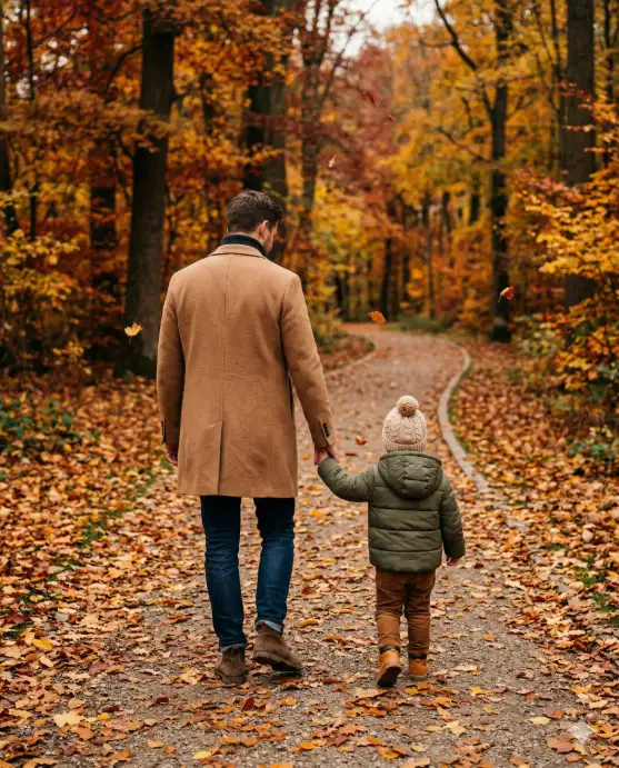 Create a heartwarming photo of a father walking hand in hand with his young son along a path covered in fallen autumn leaves in a park. They are photographed from behind, walking away from the camera. The father is wearing a camel-colored wool overcoat over a dark turtleneck, dark jeans, and brown suede boots. The boy is wearing a puffy olive green jacket, corduroy pants, and small tan boots with a knitted beanie on his head. The path is lined with tall trees in full autumn color with leaves in shades of deep orange, golden yellow, and crimson red. A few leaves are caught mid-fall in the air around them. The camera is at waist height, shooting from directly behind. Soft, overcast daylight with warm amber tones and a slightly hazy atmosphere. Shot with a 50mm lens, medium depth of field, editorial autumn aesthetic. Use aspect ratio 4:5.