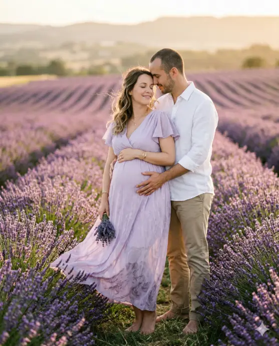 Create a photo of a pregnant couple standing in a field of lavender, with the man standing behind the woman and both of their hands resting together on her baby bump. The woman is wearing a soft lilac maxi dress with flutter sleeves and a flowing skirt that blows gently in the breeze. The man is wearing a white linen button-down shirt with the sleeves rolled up and khaki trousers. She is leaning back into him with her eyes closed and a peaceful smile, while he presses his forehead gently against her temple. The camera is at chest height, shooting from a slightly off-center angle. Warm late afternoon light with soft golden highlights and a dreamy haze. The background is rows of purple lavender stretching into a soft blur with distant rolling hills. Romantic, editorial maternity style with pastel purple and gold tones. Shot with an 85mm lens, creamy bokeh. Use aspect ratio 4:5.