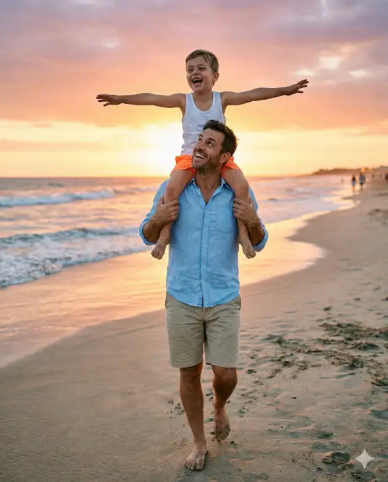 Create a joyful photo of a father giving his young son a piggyback ride on a sandy beach at sunset. The boy is sitting high on his father's shoulders with both arms stretched out wide like airplane wings, laughing with his mouth open. The father is holding the boy's legs securely and grinning up at him. The father is wearing a light blue linen button-down shirt with the sleeves rolled up and beige shorts, and the boy is in a white tank top and orange swim trunks. Both are barefoot. The camera is at a low angle from the front, capturing them walking toward the lens. Behind them, gentle waves roll onto the shore and the sky is a gradient of coral, peach, and soft purple. Warm, golden backlight with silhouette edges. Shot with a 50mm lens, shallow depth of field, vibrant lifestyle aesthetic. Use aspect ratio 4:5.