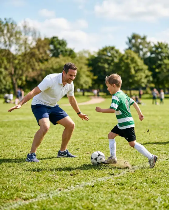 Create an action photo of a father and his young son playing soccer together on a bright green grass field in a public park on a sunny afternoon. The boy is dribbling the ball with determination while the father crouches slightly in a playful defensive stance a few feet ahead, arms out and smiling. The father is wearing a white athletic polo shirt, dark blue shorts, and running shoes. The boy is wearing a green and white striped soccer jersey, black shorts, long white socks, and cleats. The camera is positioned low at ground level, shooting from the side to capture the motion between them. Bright midday sunlight with vivid green grass, blue sky with a few white clouds, and blurred trees in the distant background. Shot with a 70mm lens, fast shutter speed to freeze motion, vibrant sports lifestyle aesthetic. Use aspect ratio 4:5.